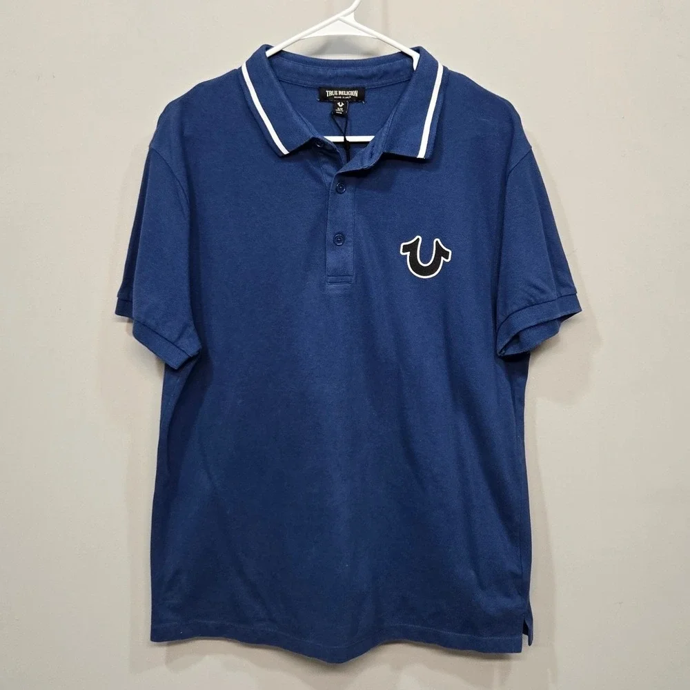 True Religion Polo Shirt Mens Small Blue Big Buddha Guitar‎ Logo Y2K Streetwear